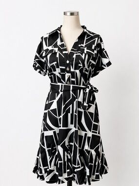 Karl Lagerfeld Paris Satin Shirt Dress Belted Geometric Mini Black White 10 NWT